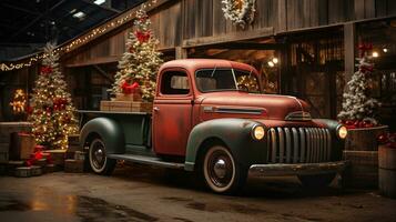 Vintage ▾ Raccogliere camion trasporto un' Natale albero parcheggiata al di fuori festosamente decorato fienile negozio. generativo ai. foto