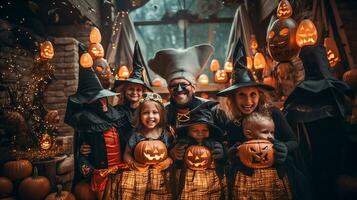 divertimento famiglia vestito su per Halloween insieme su nel il decorato Quartiere - generativo ai. foto