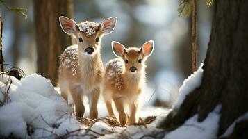Due adorabile cerbiatto cervo nel il invernale natura selvaggia. generativo ai. foto
