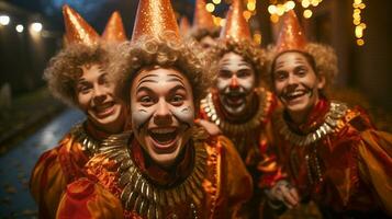 parecchi adolescenti vestito su come pagliacci per Halloween a piedi giù il marciapiede insieme - generativo ai. foto