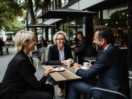 diverso gruppo di attività commerciale professionisti è impegnato nel un' di brainstorming sessione ai generativo foto