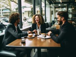 diverso gruppo di attività commerciale professionisti è impegnato nel un' di brainstorming sessione ai generativo foto