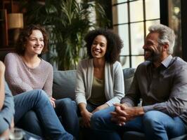 diverso gruppo di attività commerciale professionisti è impegnato nel un' di brainstorming sessione ai generativo foto