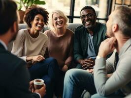 diverso gruppo di attività commerciale professionisti è impegnato nel un' di brainstorming sessione ai generativo foto