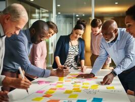 diverso gruppo di attività commerciale professionisti è impegnato nel un' di brainstorming sessione ai generativo foto