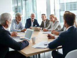 diverso gruppo di attività commerciale professionisti è impegnato nel un' di brainstorming sessione ai generativo foto