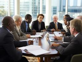 diverso gruppo di attività commerciale professionisti è impegnato nel un' di brainstorming sessione ai generativo foto