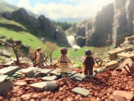 Lego personaggio imbarco su epico avventure con amici ai generativo foto