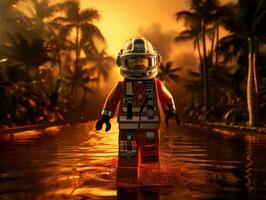 Lego personaggio imbarco su epico avventure con amici ai generativo foto