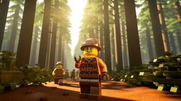 Lego personaggio imbarco su epico avventure con amici ai generativo foto