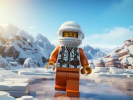 Lego personaggio imbarco su epico avventure con amici ai generativo foto