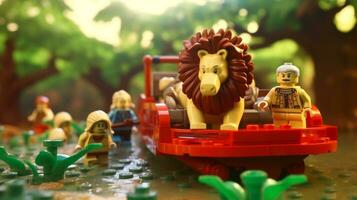 Lego personaggio imbarco su epico avventure con amici ai generativo foto