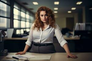 elegante taglia grossa donna manager nel un' professionale attrezzatura ai generativo foto