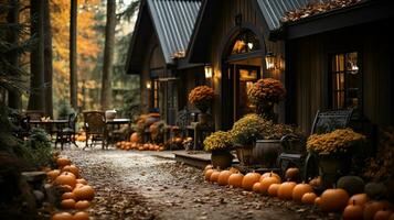 autunno e autunno meravigliosamente decorato Casa portici con zucche, zucche e posti a sedere - generativo ai. foto