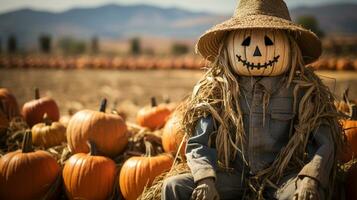 pauroso spettrale Halloween spaventapasseri figura seduta tra il nazione zucca toppa - generativo ai. foto