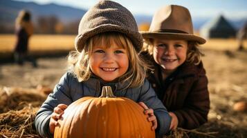 contento giovane bambini mostrando via loro grande maturo autunno zucca a il zucca toppa - generativo ai. foto