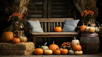 autunno e autunno meravigliosamente decorato fienile seduta la zona con zucche, zucche e posti a sedere - generativo ai. foto