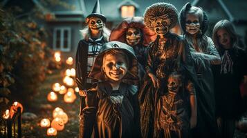 divertimento famiglia vestito su per Halloween insieme su nel il decorato Quartiere - generativo ai. foto