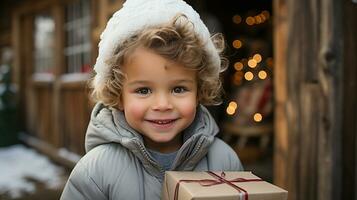 carino giovane ragazzo vestito per un' nevoso Natale Tenere un' avvolto regalo. generativo ai. foto