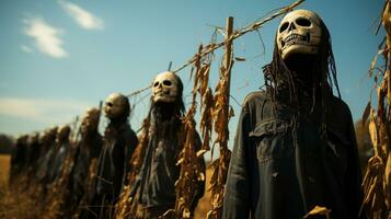 spaventoso Halloween scheletro headed figure e corpo sospeso all'aperto nel il nazione - generativo ai. foto