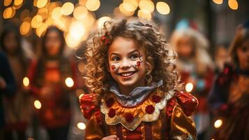 carino poco bambini vestito su come pagliacci per Halloween a piedi giù il marciapiede insieme - generativo ai. foto