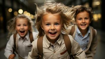 eccitato giovane bambini ridendo e in esecuzione giù il corridoio di loro scuola - generativo ai. foto