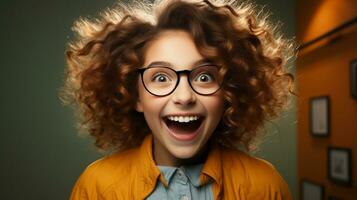 delirante contento e eccitato giovane ragazza indossare bicchieri sorridente nel sua ufficio o camera - generativo ai. foto