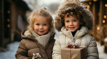 carino coppia di bambini vestito calorosamente Tenere un' avvolto Natale regalo all'aperto. foto