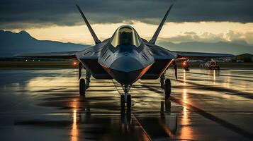 un' lockheed martin f 35 combattente Jet in attesa su il pista di decollo. generativo ai. foto