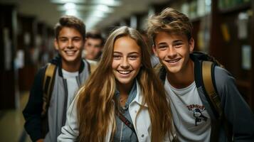 contento e eccitato adolescente studenti a piedi giù il corridoio di loro scuola - generativo ai. foto