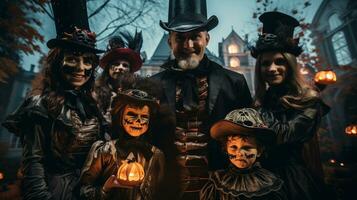 divertimento famiglia vestito su per Halloween insieme su nel il decorato Quartiere - generativo ai. foto