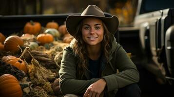 giovane adulto femmina contadino indossare cowboy cappello seduta su il portellone di sua camion all'aperto tra sua zucca toppa raccogliere - generativo ai. foto