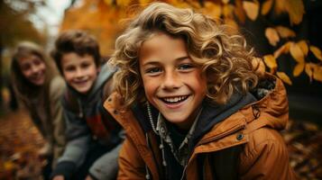 calorosamente vestito bambini ridendo godendo il autunno giorno - generativo ai. foto