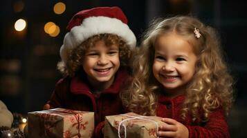 Due carino bambini in attesa per scartare loro Natale i regali su Natale mattina. generativo ai. foto