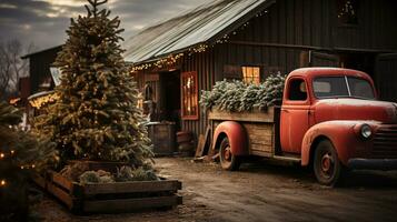 Vintage ▾ Raccogliere camion trasporto un' Natale albero parcheggiata al di fuori festosamente decorato fienile negozio. generativo ai. foto