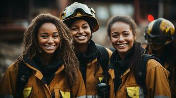 femmina africano americano i vigili del fuoco Lavorando nel il campo - generativo ai. foto