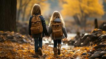 Due giovane bambini indossare zaini a piedi per scuola su un' bellissimo autunno mattina - generativo ai. foto