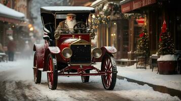 bianca barbuto più vecchio uomo guida classico Vintage ▾ auto giù il festosamente Natale decorato strada. generativo ai. foto