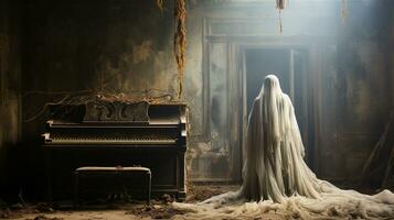 misterioso e spaventoso femmina figura coperto nel puro indumento in piedi Il prossimo per un vecchio polveroso pianoforte nel un abbandonato Casa - generativo ai. foto