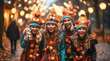 parecchi adolescenti vestito su come pagliacci per Halloween a piedi giù il marciapiede insieme - generativo ai. foto