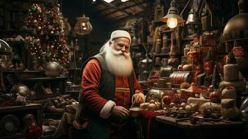 Santa Claus Lavorando nel il suo officina. generativo ai. foto