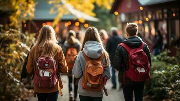 giovane bambini indossare zaini a piedi per scuola su un' bellissimo autunno mattina - generativo ai. foto