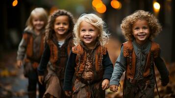 carino poco bambini vestito su per Halloween a piedi giù il marciapiede insieme - generativo ai. foto