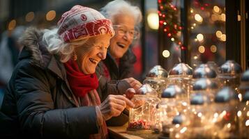 ridendo anziano adulto donne godendo il Natale vacanza negozio nel il villaggio durante un sera passeggiare insieme. generativo ai. foto