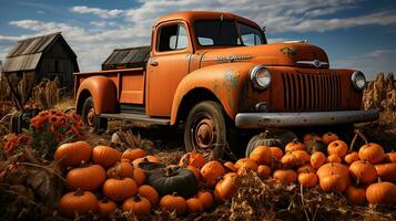 zucche circondare un' Vintage ▾ camion nel un' autunno fienile nazione ambientazione - generativo ai. foto