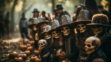spaventoso adolescenti e bambini vestito su per Halloween a piedi giù il marciapiede insieme - generativo ai. foto