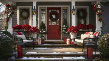 bellissimo Natale decorato davanti porta e veranda di un' Casa su un' inverno sera. generativo ai. foto