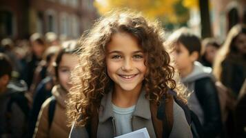 sorridente giovane ragazza a piedi per scuola con altro studenti su un' autunno giorno - generativo ai. foto