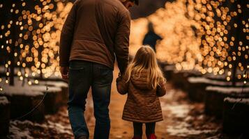 giovane padre e figlia a piedi per scegliere un' Natale albero a il nevoso azienda agricola. generativo ai. foto