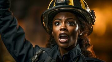 femmina africano americano pompiere indossare protettivo casco e grande dando ordini a un' fuoco incidente - generativo ai. foto